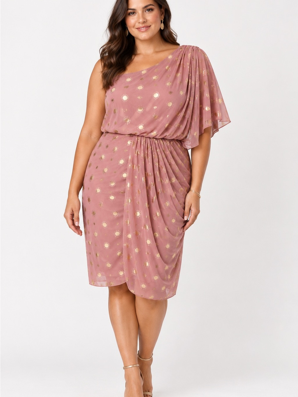 Adrianna Papell Dusty Rose One-Shoulder Dress with Gold Spots